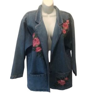 VTG Sun Belt Denim Oversize Artsy 2 Button Blazer Sz. L Hand Painted Floral